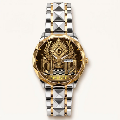 Personalized Masonic watch - two-tone bracelet with gold-tone bezel