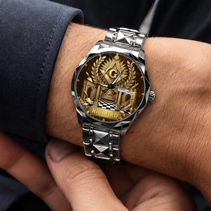 Personalized Masonic watch - silver-tone faceted bracelet worn with a suit