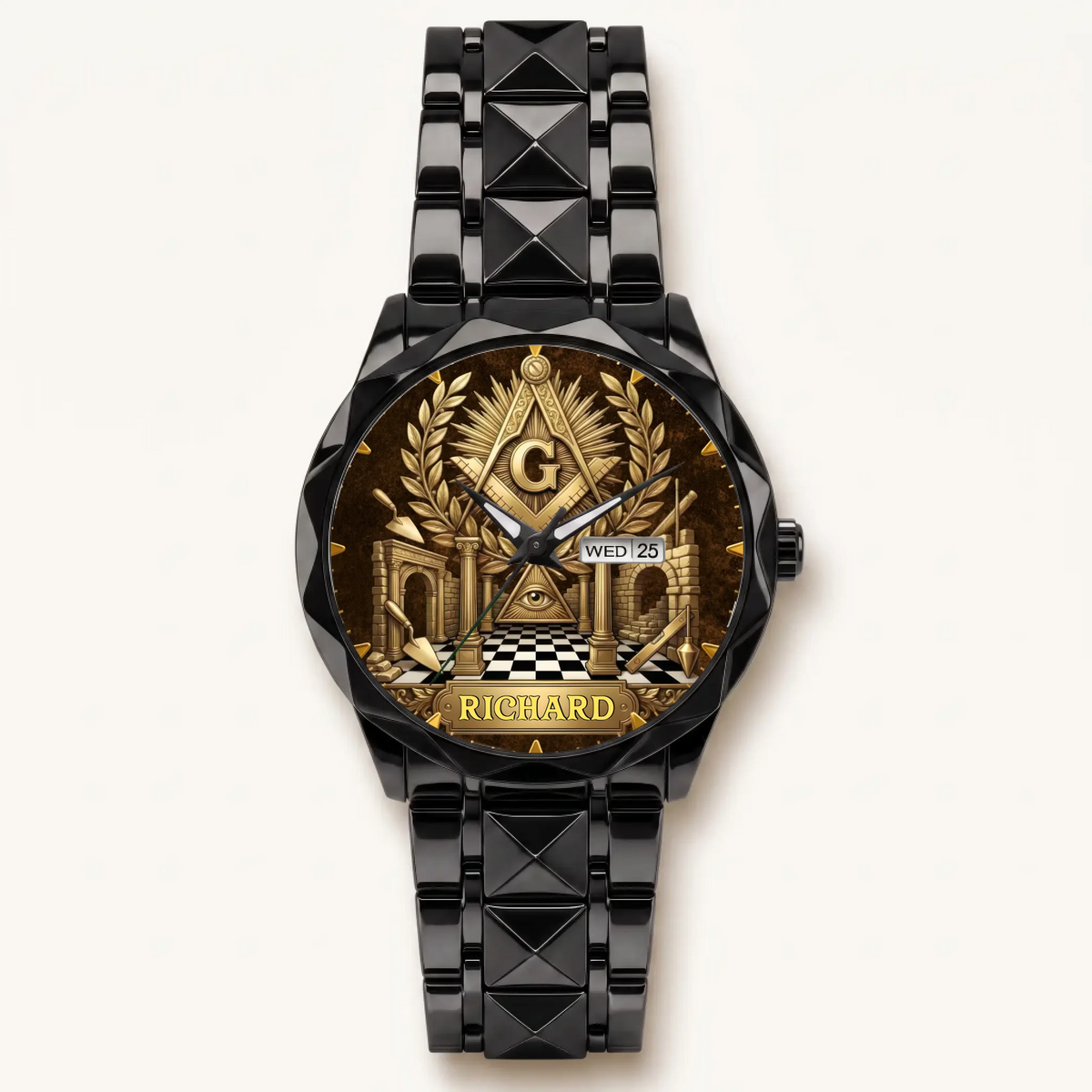 Personalized Masonic watch - black faceted bracelet and day-date display