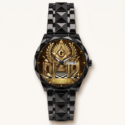 Personalized Masonic watch - black faceted bracelet and day-date display