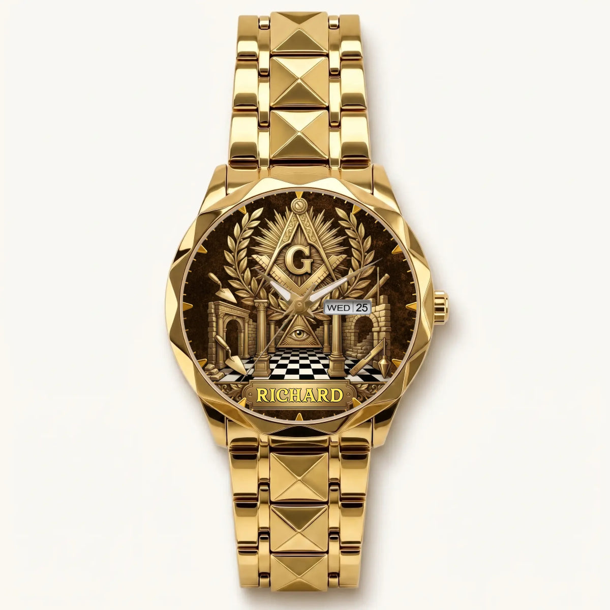 Personalized Masonic watch - gold-tone faceted bracelet and day-date display