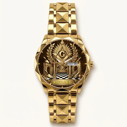 Personalized Masonic watch - gold-tone faceted bracelet and day-date display