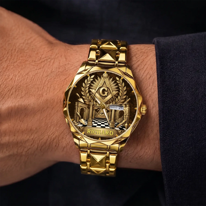 Personalized Masonic watch - gold-tone faceted bracelet shown on the wrist