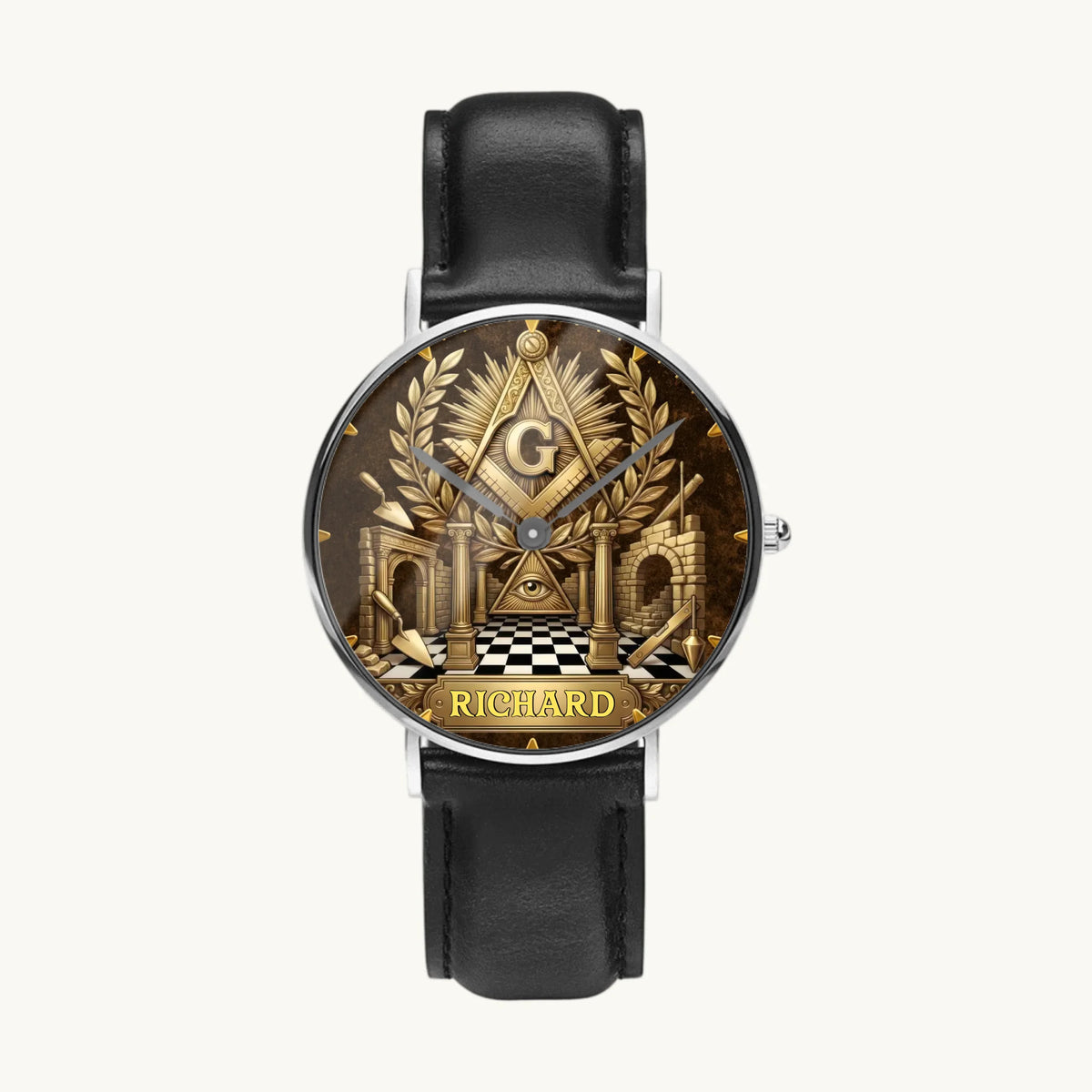 Personalized Masonic watch - silver-tone case and black leather strap, front view