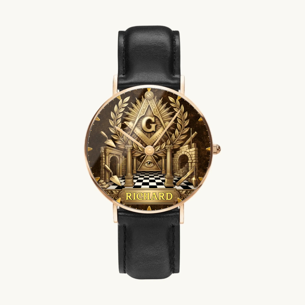 Personalized Masonic watch - rose-gold-tone case and black leather strap, front view