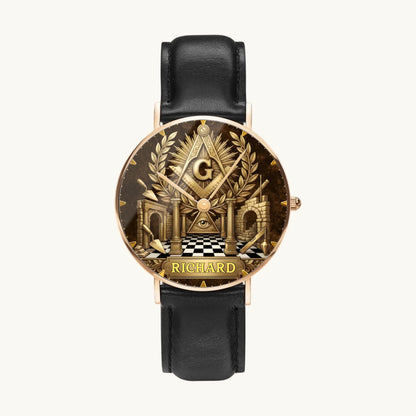 Personalized Masonic watch - rose-gold-tone case and black leather strap, front view