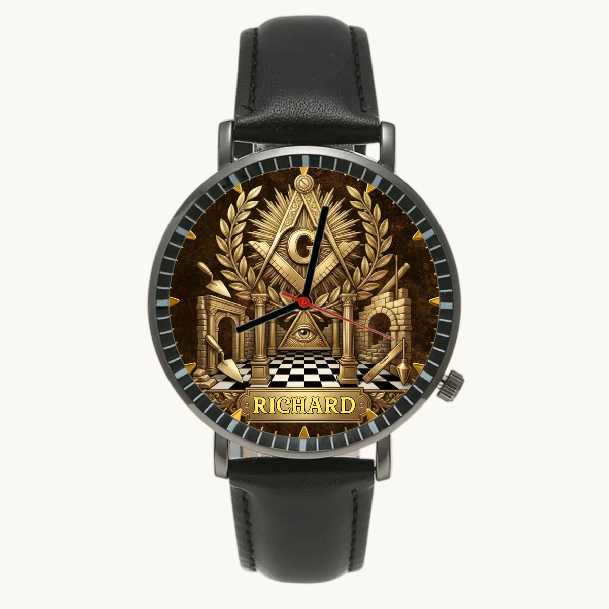 Personalized Masonic watch - black case and black leather strap, front view