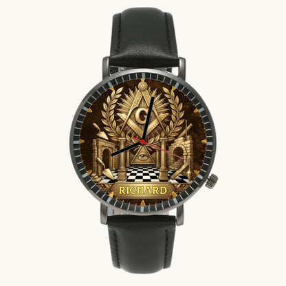 Personalized Masonic watch - black case and black leather strap, front view