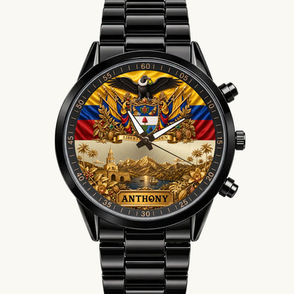 Personalized Colombia heritage watch with Colombian flag, coat of arms and custom name, black metal bracelet