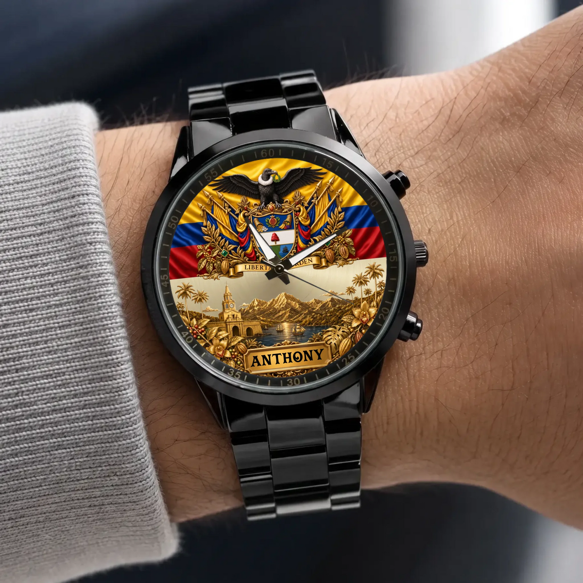 Personalized Colombia heritage watch - black metal bracelet worn with a gray sweater