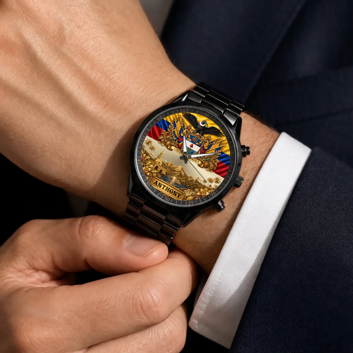 Personalized Colombia heritage watch - black metal bracelet worn with a suit