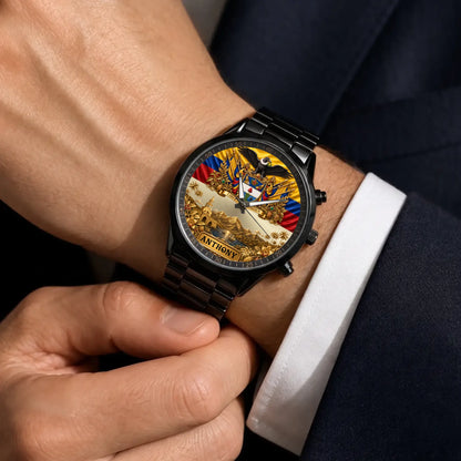 Personalized Colombia heritage watch - black metal bracelet worn with a suit