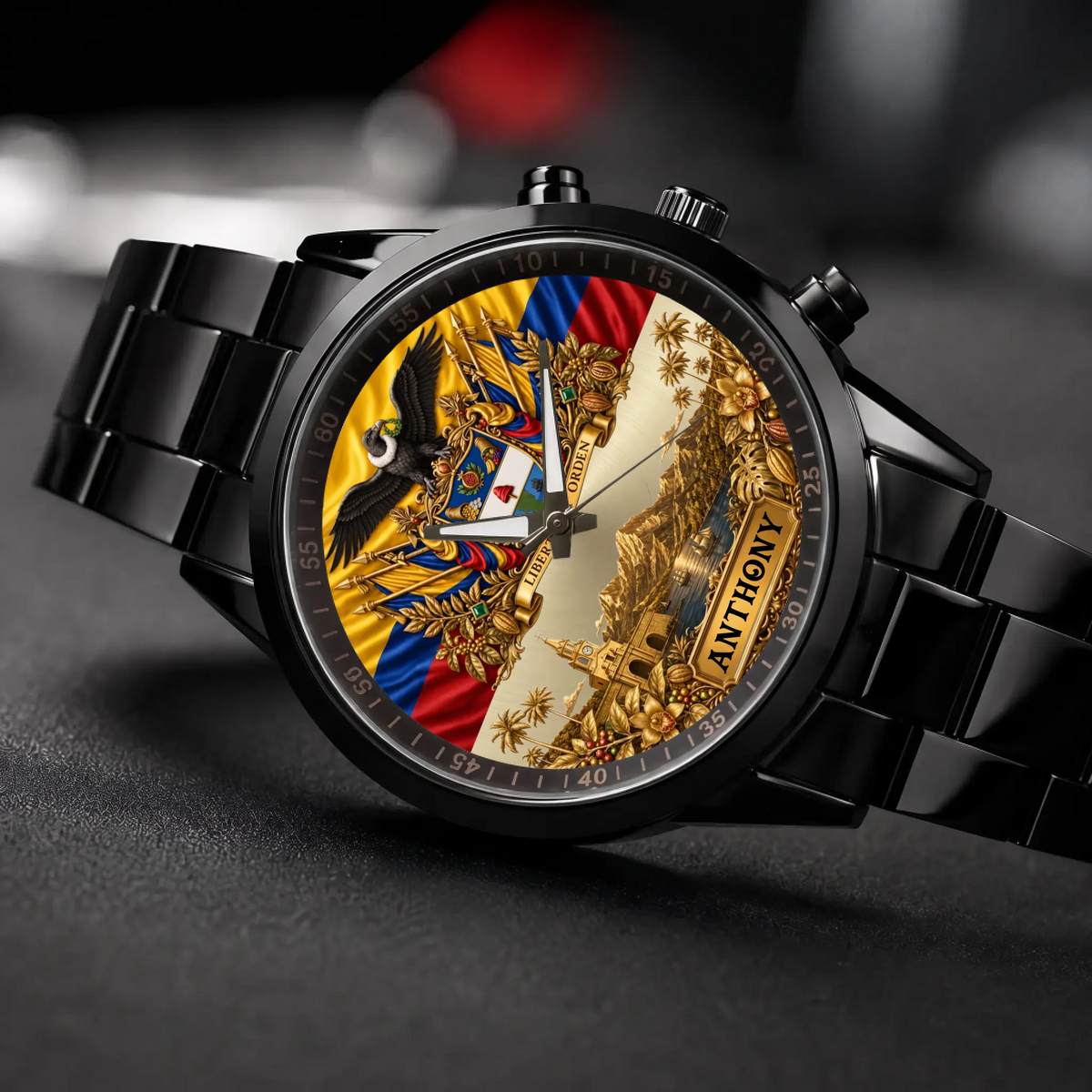 Personalized Colombia heritage watch - black metal bracelet, angled view on a dark surface