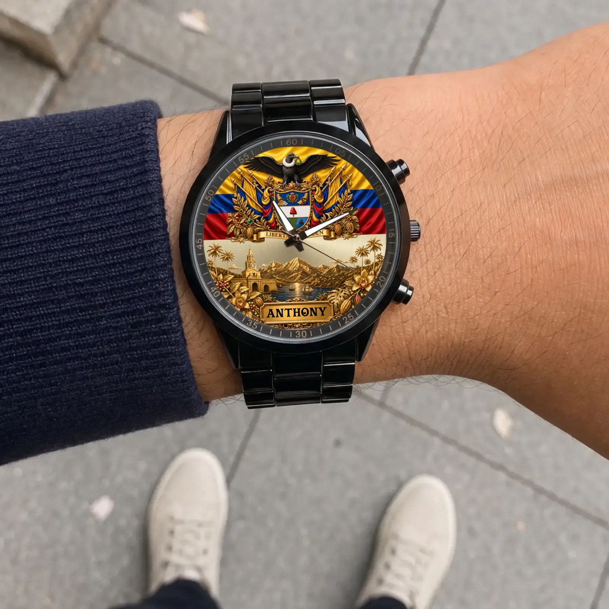 Personalized Colombia heritage watch - black metal bracelet worn outdoors