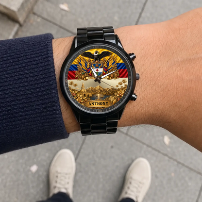 Personalized Colombia heritage watch - black metal bracelet worn outdoors