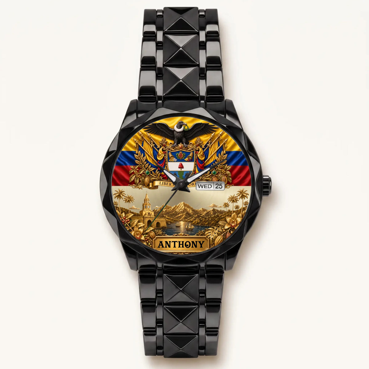 Personalized Colombia heritage watch - black faceted bracelet and day-date display