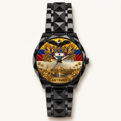Personalized Colombia heritage watch - black faceted bracelet and day-date display