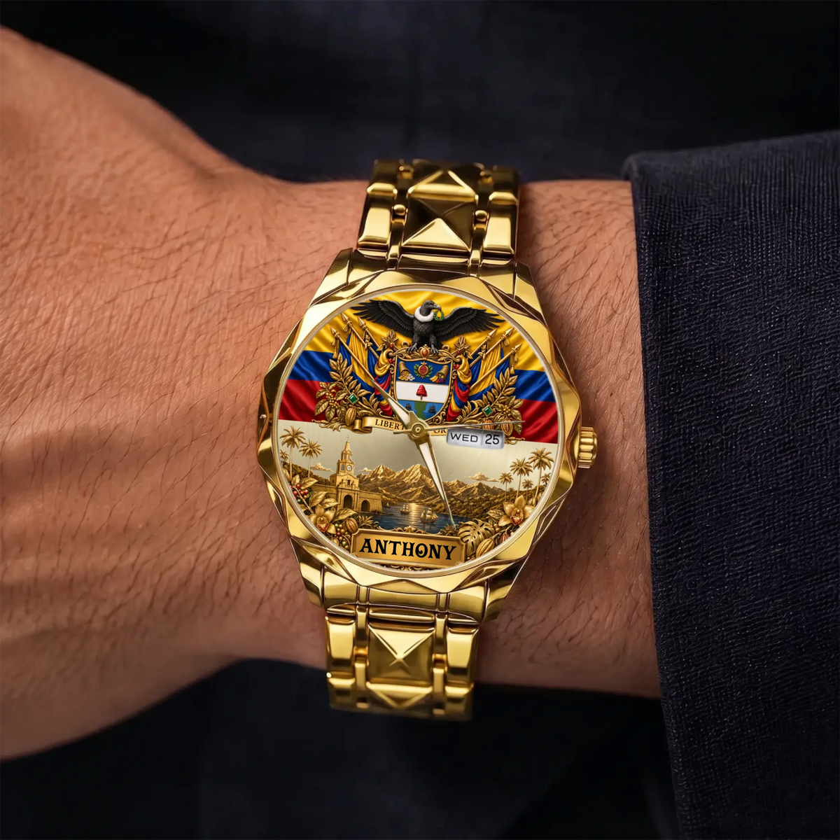 Personalized Colombia heritage watch - gold-tone faceted bracelet shown on the wrist