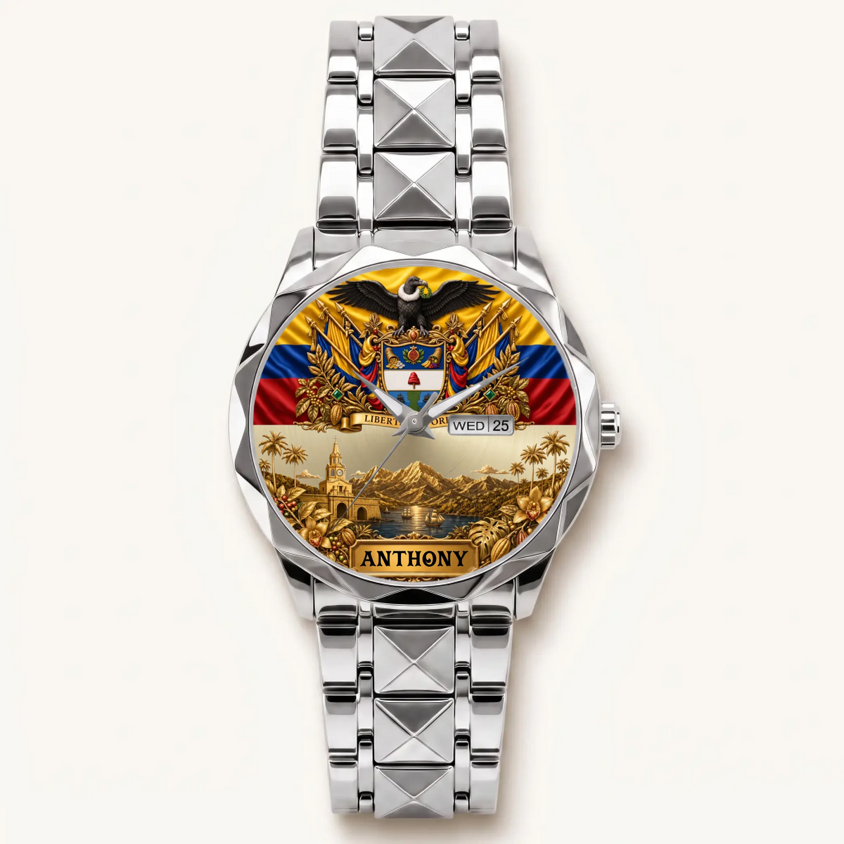 Personalized Colombia heritage watch - silver-tone faceted bracelet and day-date display
