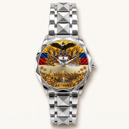 Personalized Colombia heritage watch - silver-tone faceted bracelet and day-date display