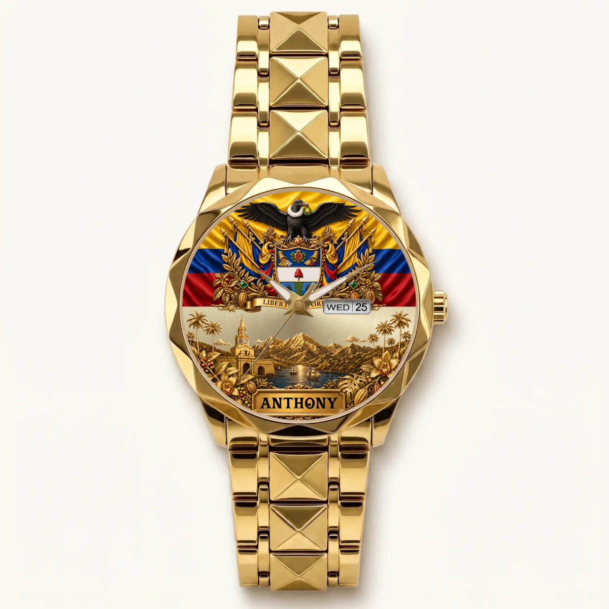Personalized Colombia heritage watch - gold-tone faceted bracelet and day-date display