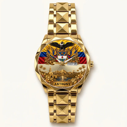 Personalized Colombia heritage watch - gold-tone faceted bracelet and day-date display