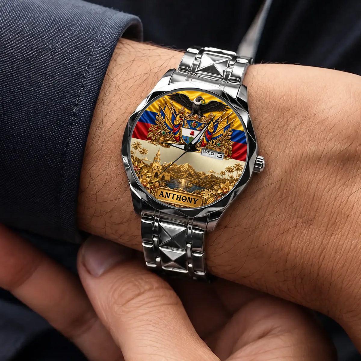 Personalized Colombia heritage watch - silver-tone faceted bracelet worn with a suit