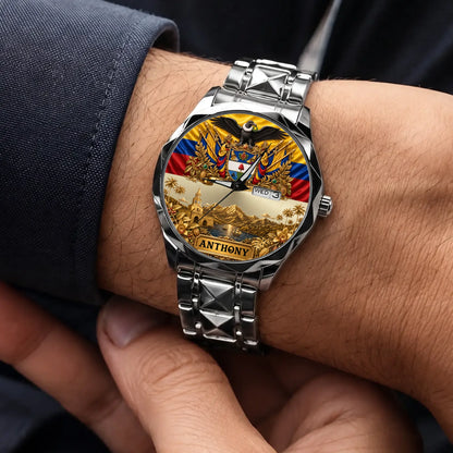 Personalized Colombia heritage watch - silver-tone faceted bracelet worn with a suit