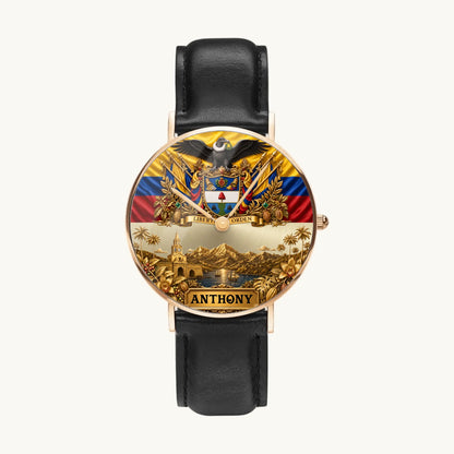 Personalized Colombia heritage watch - rose-gold-tone case and black leather strap, front view