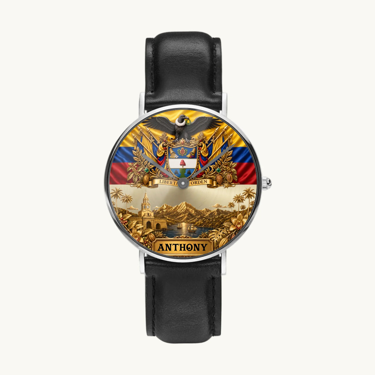 Personalized Colombia heritage watch - silver-tone case and black leather strap, front view