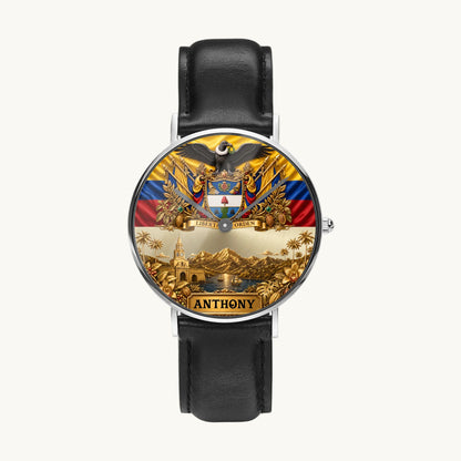 Personalized Colombia heritage watch - silver-tone case and black leather strap, front view