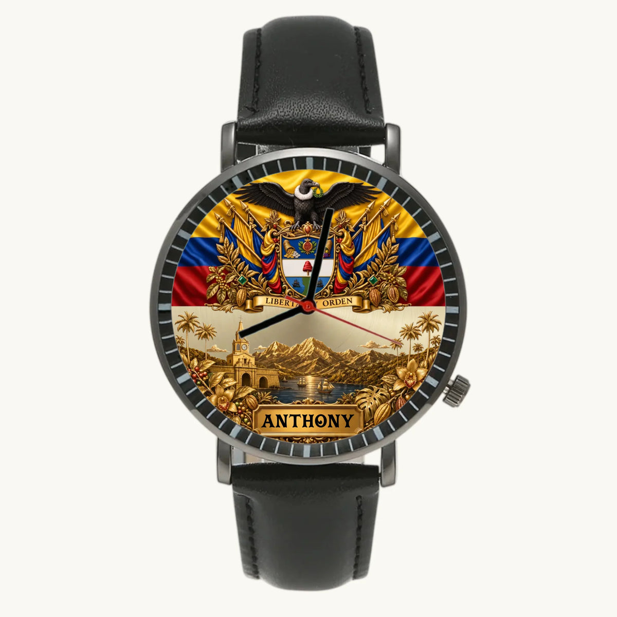 Personalized Colombia heritage watch - black case and black leather strap, front view