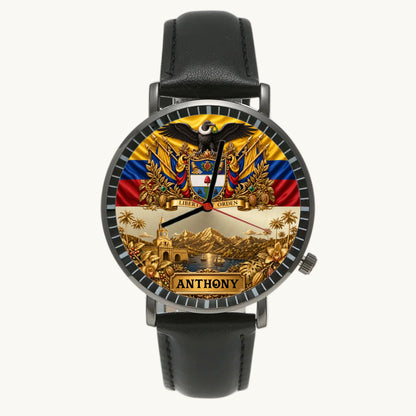 Personalized Colombia heritage watch - black case and black leather strap, front view