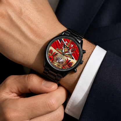 Personalized Trinidad and Tobago watch - black metal bracelet worn with a suit