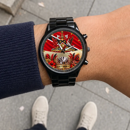 Personalized Trinidad and Tobago watch - black metal bracelet worn outdoors