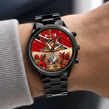 Personalized Trinidad and Tobago watch - black metal bracelet worn with a gray sweater