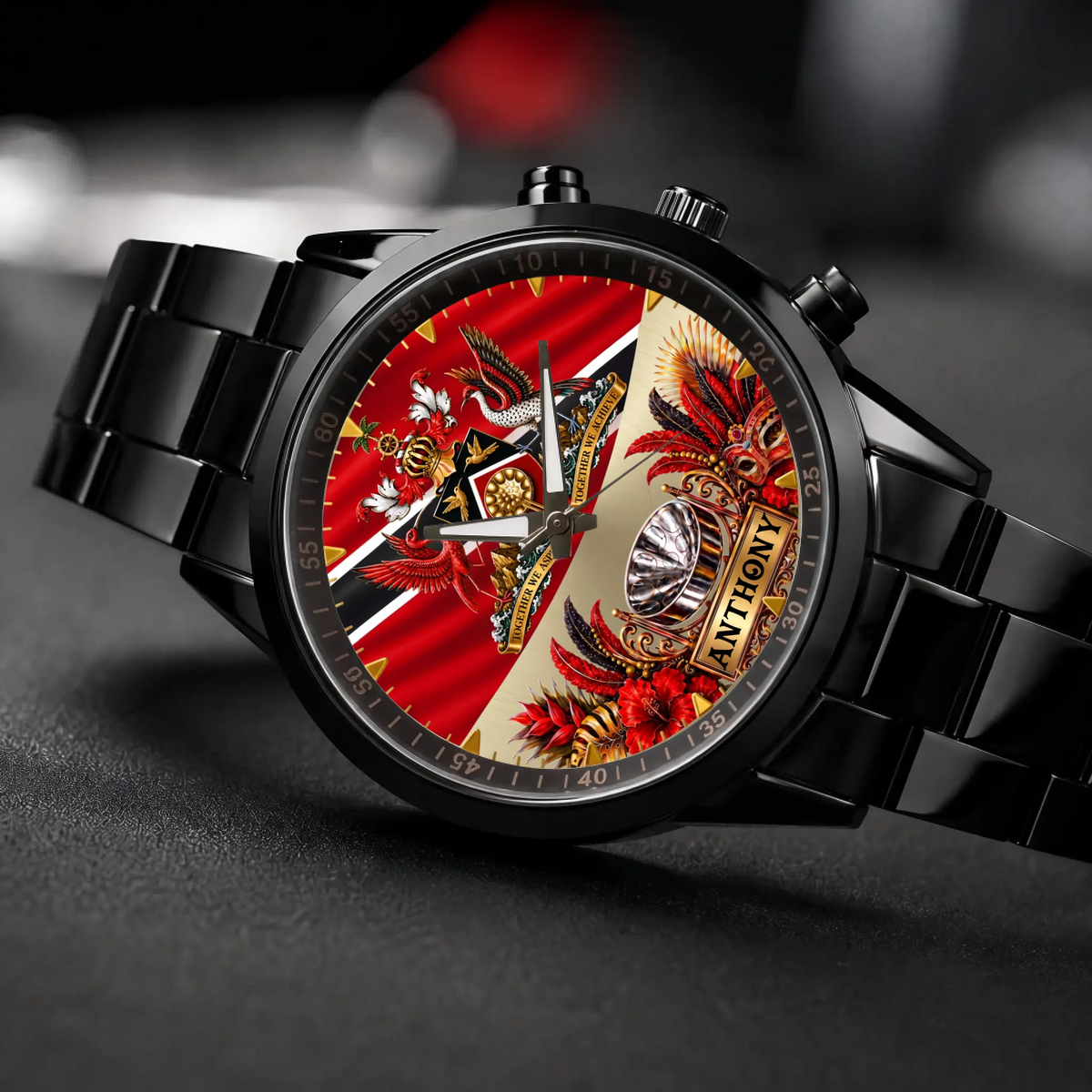 Personalized Trinidad and Tobago watch - black metal bracelet, angled view on a dark surface