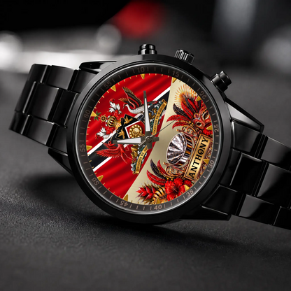 Personalized Trinidad and Tobago watch - black metal bracelet, angled view on a dark surface