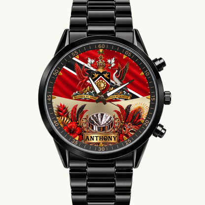Personalized Trinidad and Tobago watch with flag, coat of arms and custom name, black metal bracelet