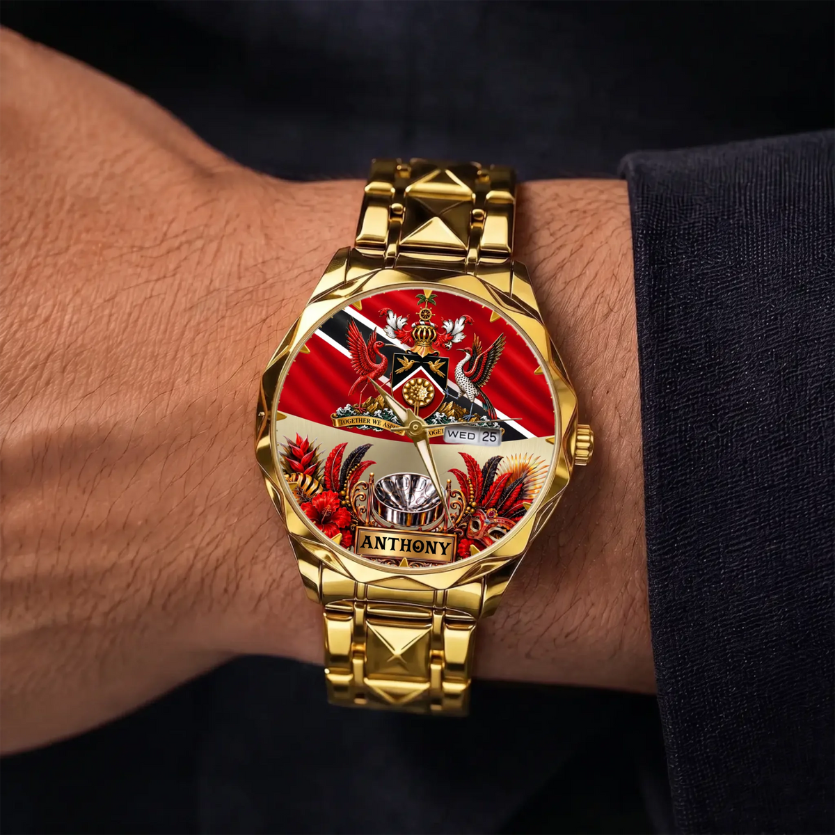 Personalized Trinidad and Tobago watch - gold-tone faceted bracelet shown on the wrist