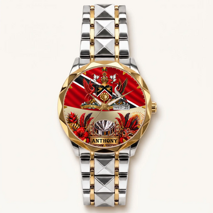Personalized Trinidad and Tobago watch - two-tone bracelet with gold-tone bezel