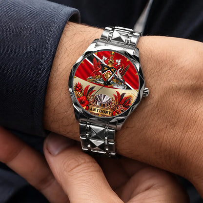 Personalized Trinidad and Tobago watch - silver-tone faceted bracelet worn with a suit