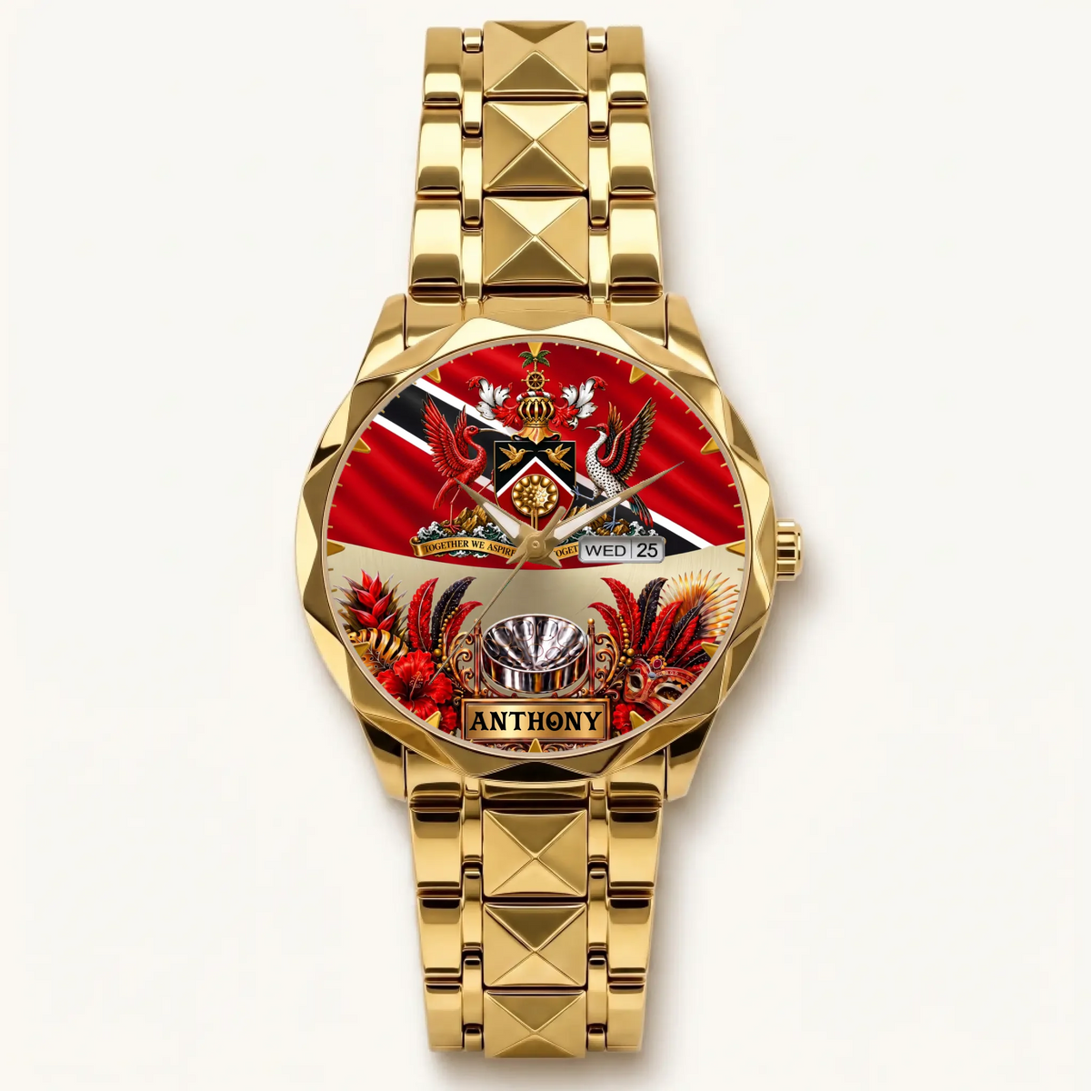 Personalized Trinidad and Tobago watch - gold-tone faceted bracelet and day-date display