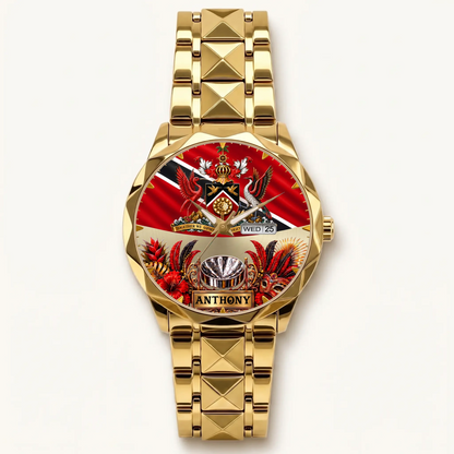 Personalized Trinidad and Tobago watch - gold-tone faceted bracelet and day-date display