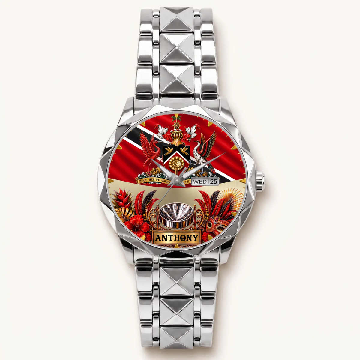 Personalized Trinidad and Tobago watch - silver-tone faceted bracelet and day-date display