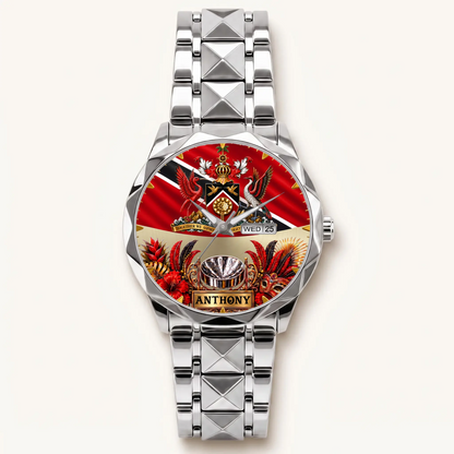 Personalized Trinidad and Tobago watch - silver-tone faceted bracelet and day-date display