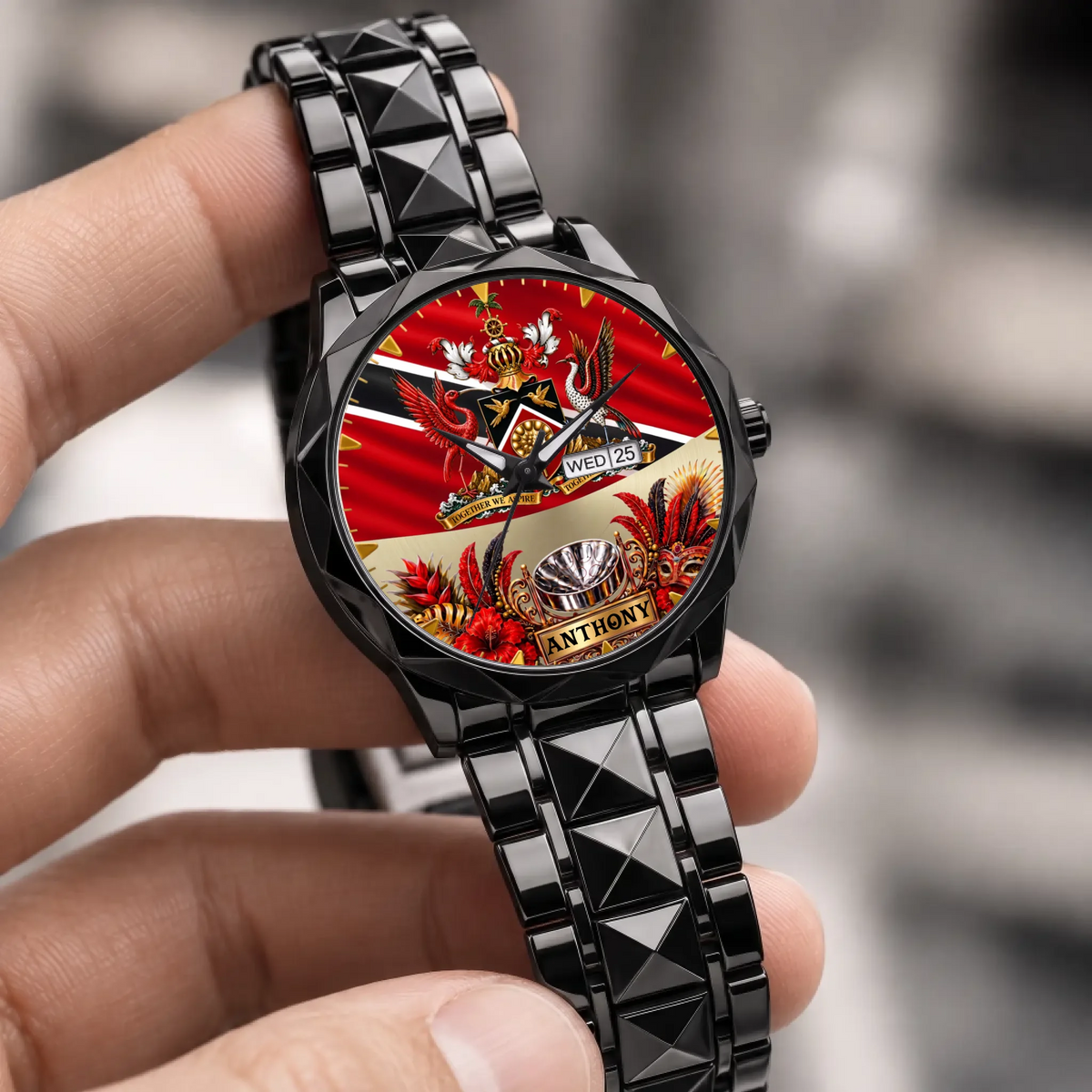 Personalized Trinidad and Tobago watch - black faceted bracelet held in a hand