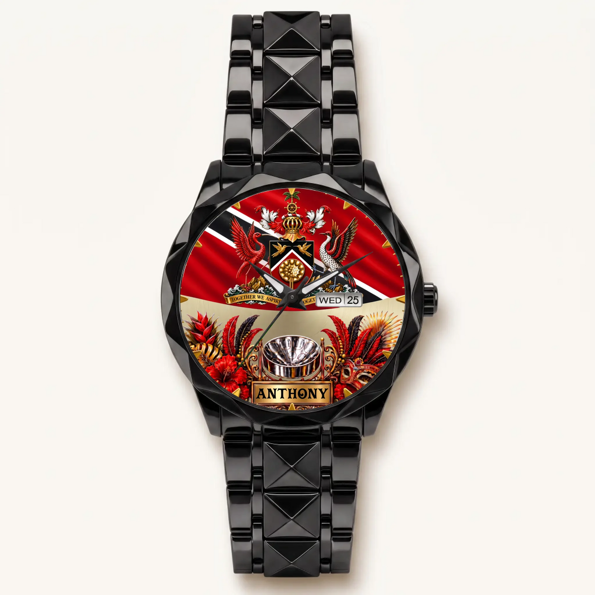 Personalized Trinidad and Tobago watch - black faceted bracelet and day-date display