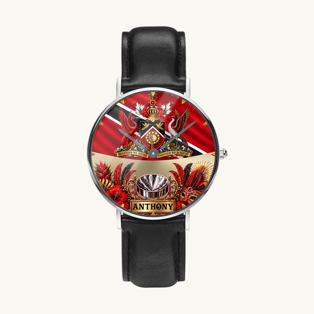 Personalized Trinidad and Tobago watch - silver-tone case and black leather strap, front view