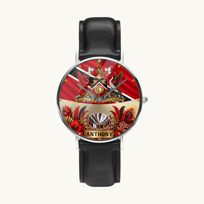 Personalized Trinidad and Tobago watch - silver-tone case and black leather strap, front view